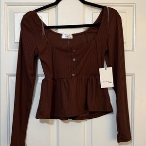 Electric behavior Brown Ribbed Button Blouse